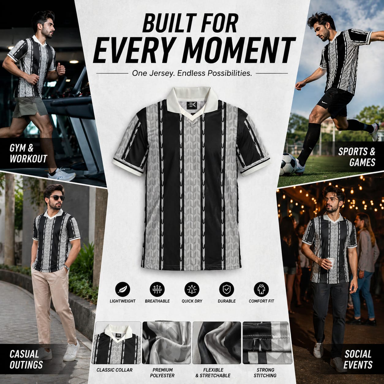 vintage soccer-style polo tee - Black & White